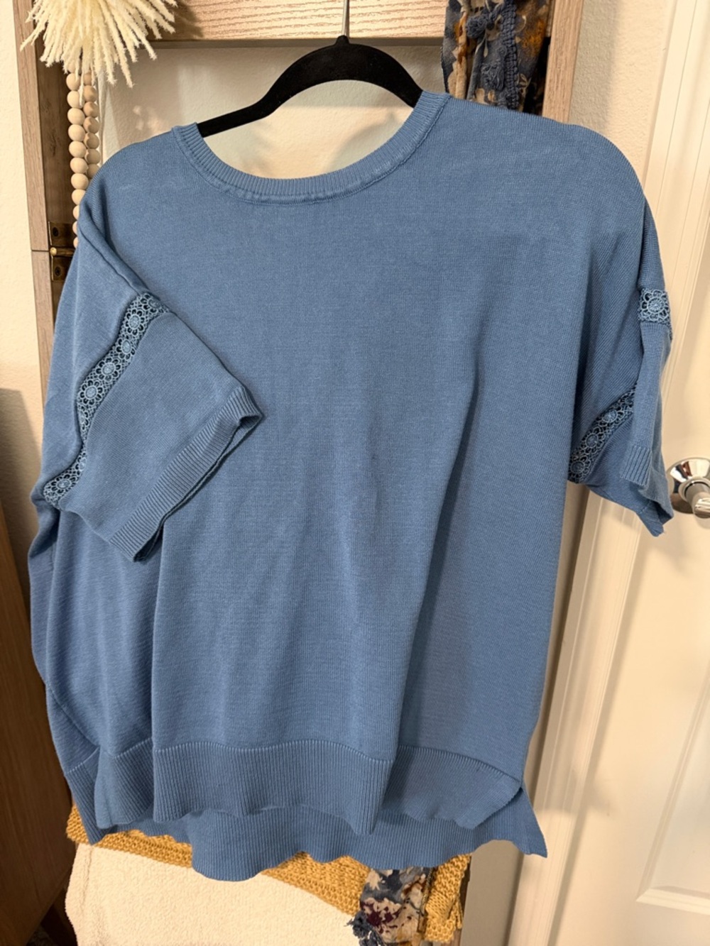 Melissa Paige Dusty Blue Short Sleeve Knit Top with Lace Insets - Picture 3 of 6